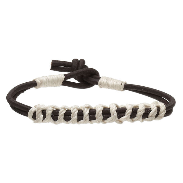 Bracelet, leather (dyed) / waxed cotton cord / flax, dark brown and white, 8mm wide knotted design, 7 inches with knot closure. Sold per pkg of 2. image number 0