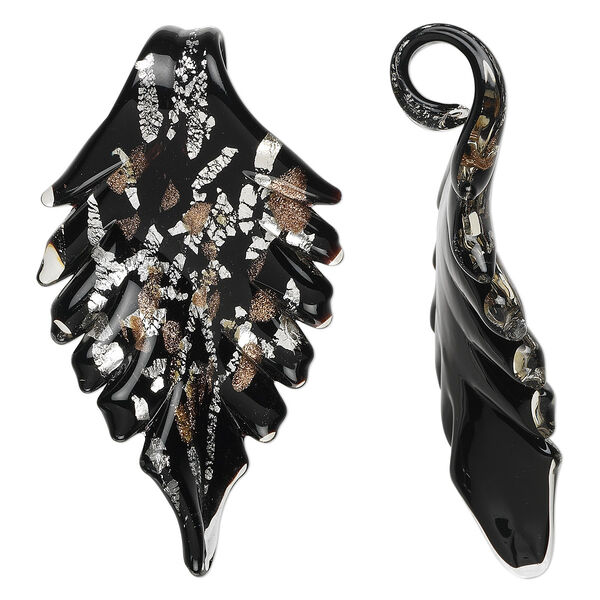 Focal, lampworked glass, black with silver- and copper-color foil, 71x40mm wavy leaf with glass bail. Sold individually. image number 0