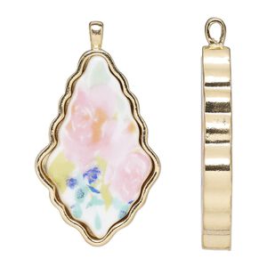 Focal, ceramic and gold-finished "pewter" (zinc-based alloy), multicolored, 45x28.5mm single-sided fancy teardrop. Sold individually.