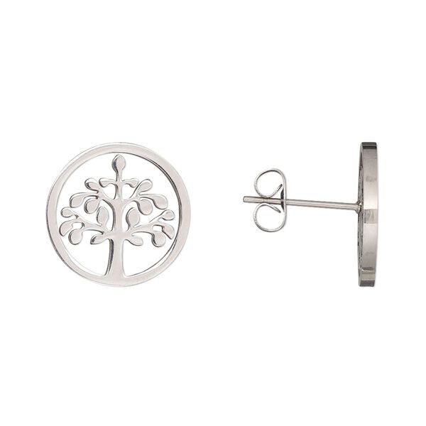 Earstud, stainless steel, 15mm round with tree of life cutout. Sold per pair. image number 0