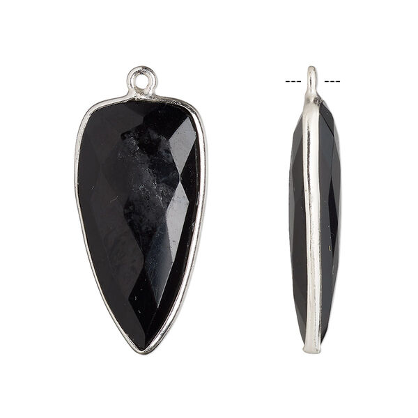 Drop, black onyx (dyed) and sterling silver, black, 27x14mm-28x15mm hand-cut double-sided faceted dagger. Sold individually. image number 0