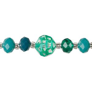 Bead assortment, painted glass, 4mm-14x13mm assorted clear / green / teal green / dark teal green. Sold per 7-inch strand.