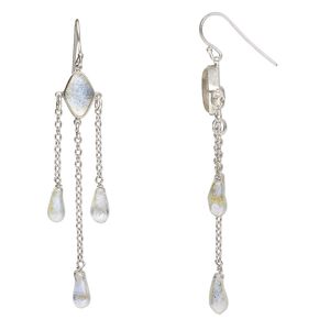 Sterling silver and dichroic glass drop earrings, blue / orange / clear, 12x9mm and 11x6mm. Sold per pair.