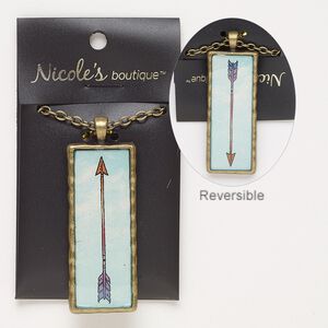 Necklace, glass / antique brass-finished "pewter" (zinc-based alloy) / steel, multicolored, 56x23mm double-sided rectangle with arrow design and glitter, 24 inches with lobster claw clasp. Sold individually.