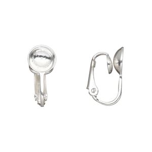 Earring clip-on 1pkg10 silver-plated, 17mm / 8mm cup / grooved / 8-10mm round setting, steel 5 pair