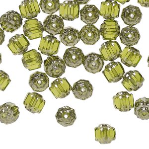 Czech pressed glass 1pkg60, cathedral bead translucent olive green / metallic silver 6mm