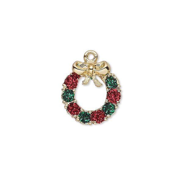 Charm, enamel and gold-finished "pewter" (zinc-based alloy), red and green with glitter, 15x14mm single-sided wreath. Sold individually. image number 0