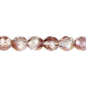 Bead, Czech fire-polished glass, pink and peach luster, 8mm faceted round. Sold per 15-1/2" to 16" strand.