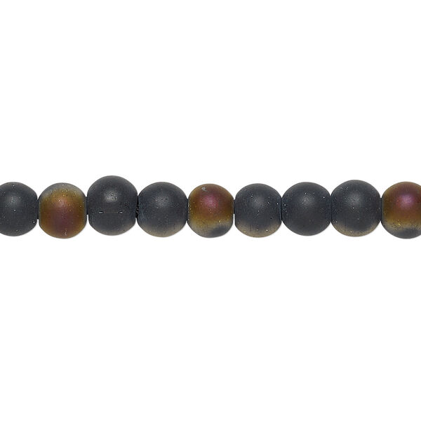Bead, coated glass, two-tone matte black and bronze-purple, 5-6mm round. Sold per 15-inch strand. image number 0