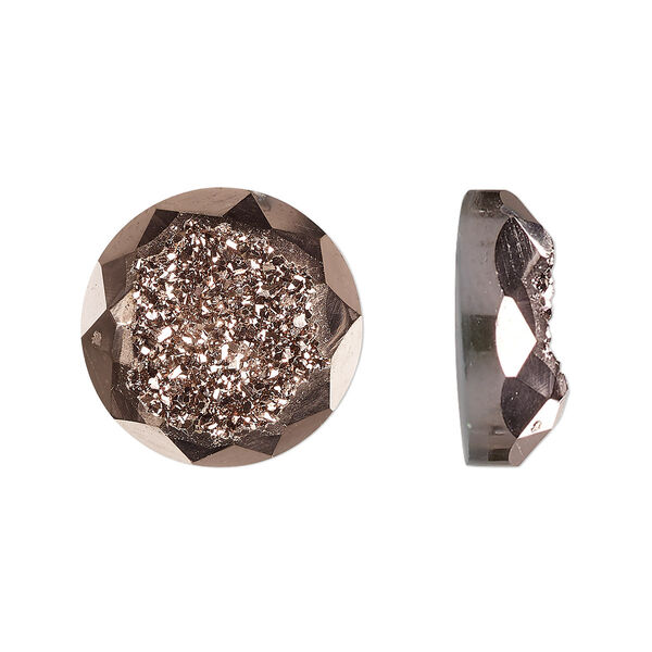 Cabochon, druzy agate (coated), rose gold, 16mm hand-cut loosely calibrated faceted round, B grade, Mohs hardness 7. Sold individually. image number 0
