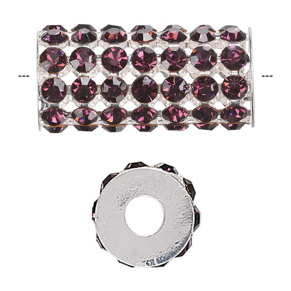 Bead, glass rhinestone and silver-finished brass, purple, 32x15mm cylinder with 4mm chatons, 5.75mm hole. Sold individually. image number 0