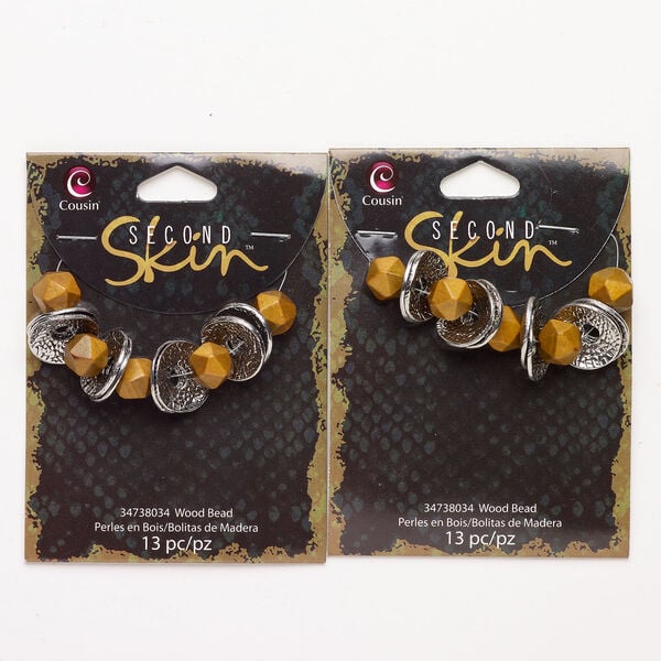 Bead assortment 1pkg26, wood (natural) and antique silver-finished brass, 10mm faceted round / 16-18mm textured curved rondelle. image number 0