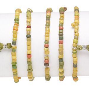 Bracelet mix, stretch, glass, olive green / orange / yellow, #6 round with 45mm tassel, 7-1/2 inches. Sold per pkg of 5.