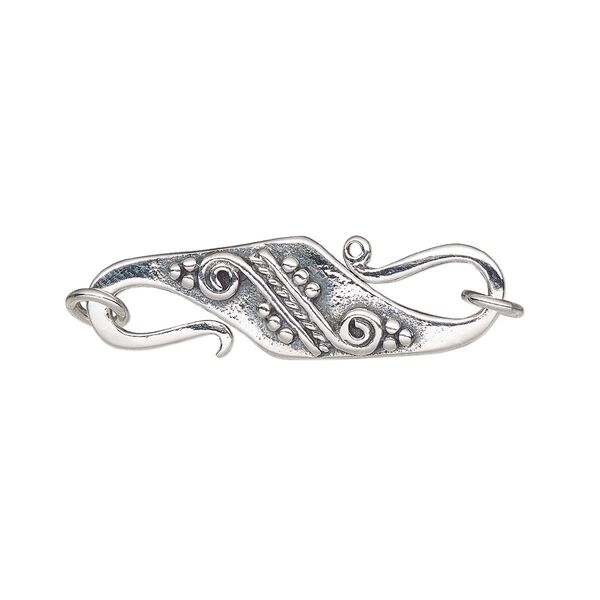 Clasp, S-hook, antiqued sterling silver, 26x8mm with beaded and lines design and (2) closed 4mm jump rings. Sold individually. image number 0