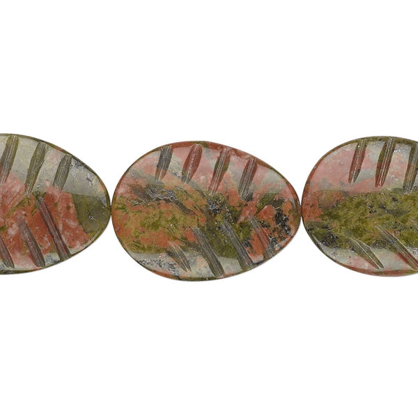 Bead, unakite (natural), 20x15mm hand-cut carved leaf, B grade, Mohs hardness 6 to 7. Sold per 15-1/2" to 16" strand. image number 0
