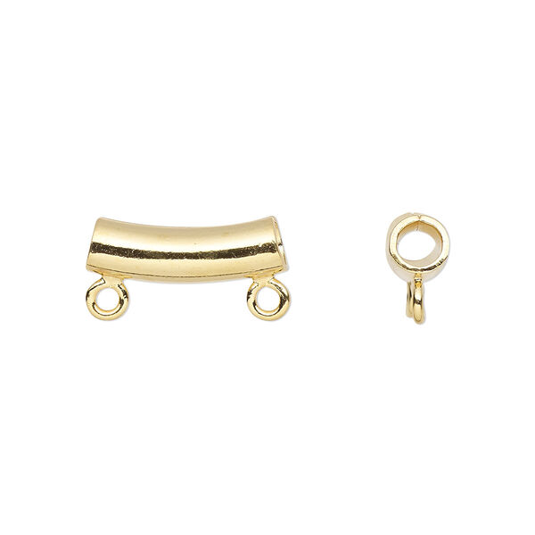 Bead, gold-plated brass, 14x5mm curved tube with 2 loops. Sold per pkg of 10. image number 0