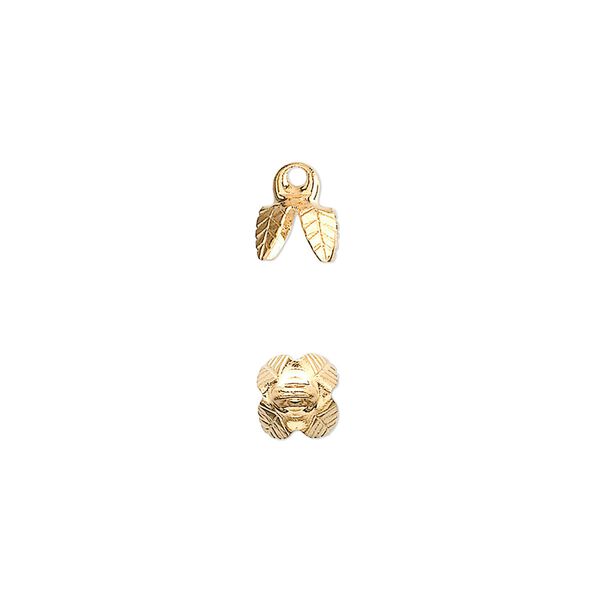 Bead cap, gold-plated brass, 6x5mm 4-prong bell, fits 6-8mm bead. Sold per pkg of 100. image number 0