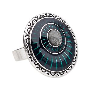 Ring, enamel and antique silver-plated "pewter" (zinc-based alloy), green and clear, 31mm round, adjustable. Sold individually.