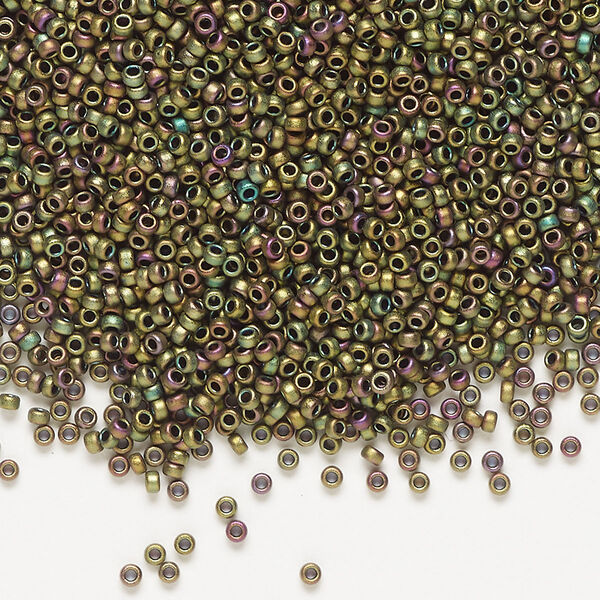 Seed bead, Miyuki, glass, pkg/35g, #15 rocaille, opaque matte metallic iris khaki patina (RR-2069). image number 0