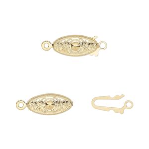 Clasp fishhook 1pkg100 gold-plated, 13x7mm filigree oval, brass 1-strand