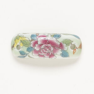 Focal 1pkg1, porcelain, white / pink / green, 47x17mm curved rectangle with flower and leaves.