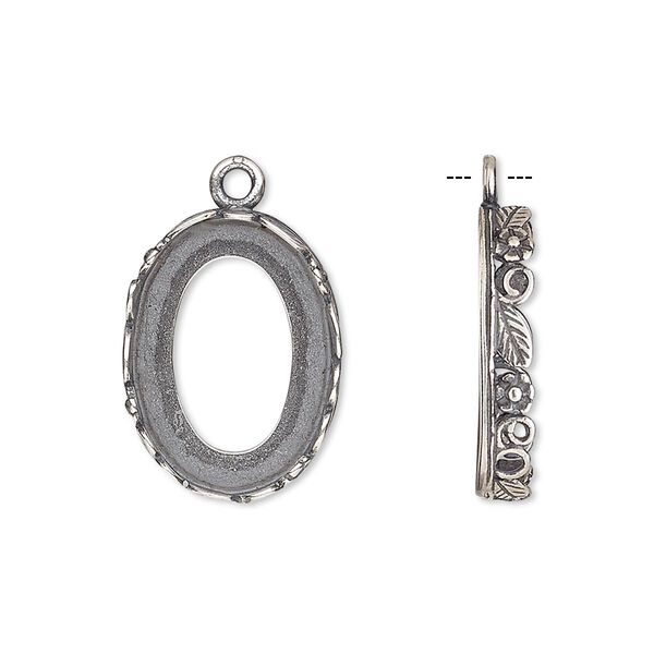 Drop, JBB Findings, antique silver-plated brass, 20x15mm oval with open back and flower and leaf design trim, 18x13mm oval bezel setting. Sold per pkg of 2. image number 0