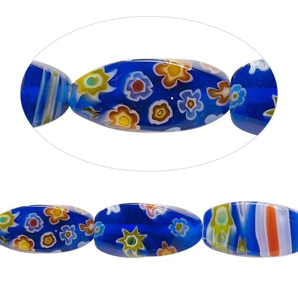 Bead, millefiori glass, opaque multicolored, 16x8mm 4-sided twisted oval with 0.6-0.8mm hole. Sold per 15-inch strand. image number 0