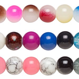 Bead, coated glass, opaque and translucent mixed colors, 8-11mm round. Sold per pkg of (3) 7-inch strands, approximately 60 beads.