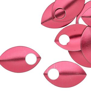 Component, anodized aluminum, red, 22x14mm 2-sided curved scale blank with 5mm hole, 20 gauge. Sold per pkg of 20.