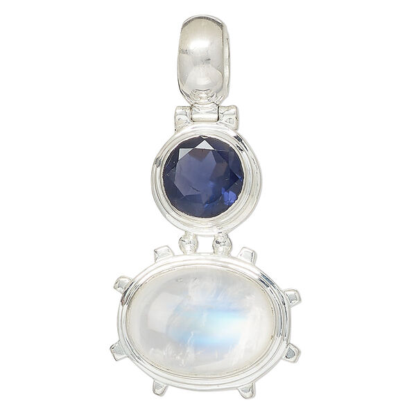 Pendant, rainbow moonstone (natural) / iolite (natural) / sterling silver, 40x26mm oval. Sold individually. image number 0