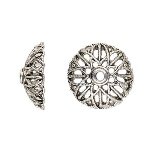 Bead cap, antique silver-finished "pewter" (zinc-based alloy), 19x7mm round with open flower design and 2mm hole, fits 18-24mm bead. Sold per pkg of 12.
