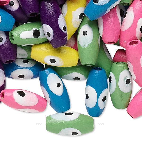 Bead mix, wood, mixed colors, 15x7mm oval with painted wards off the evil eye design. Sold per 90-gram pkg, approximately 420 beads. image number 0