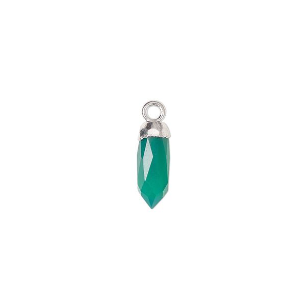 Drop, green onyx (dyed) and silver-plated copper, 12x5mm-14x6mm hand-cut faceted point. Sold individually. image number 0