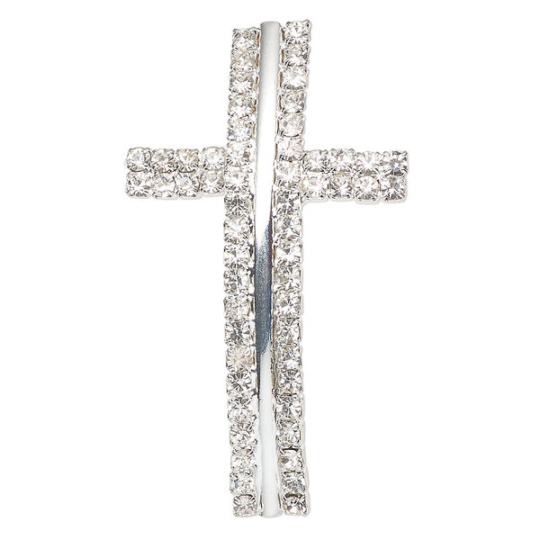 Focal, silver-finished brass and glass, clear, 50x29mm curved cross with 2mm stringing channel. Sold individually. image number 0