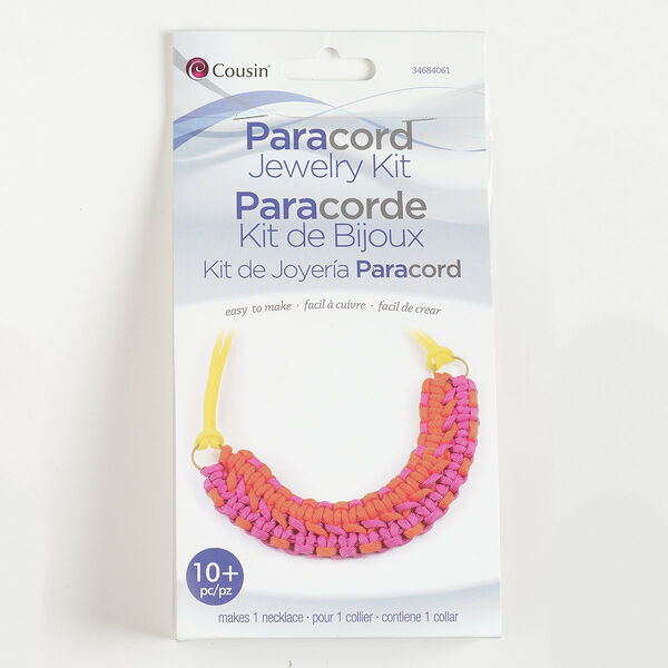 Paracord necklace kit, nylon and gold-finished steel, neon yellow / neon orange / neon pink. Sold per set. image number 0