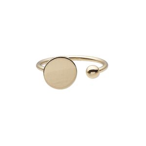 Ring, gold-finished brass, 1.5mm wide with 4mm ball and 10mm round glue-on setting, adjustable from size 6-8. Sold individually.