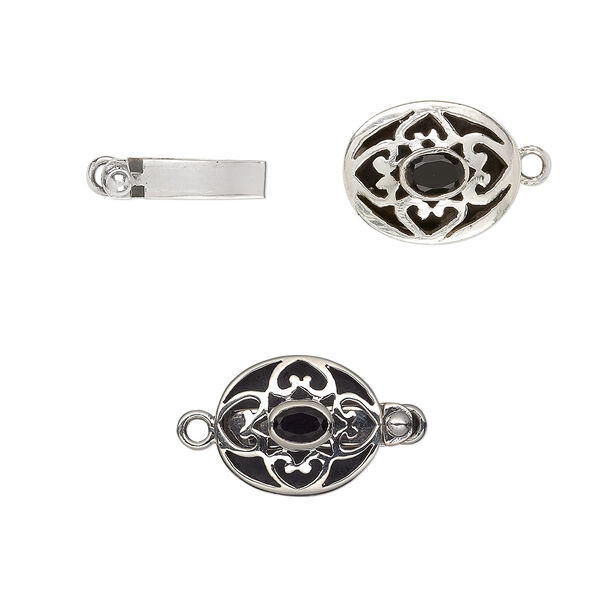 Clasp, tab, black onyx (dyed) and sterling silver, 18x15mm oval with 6x4mm faceted oval. Sold individually. image number 0
