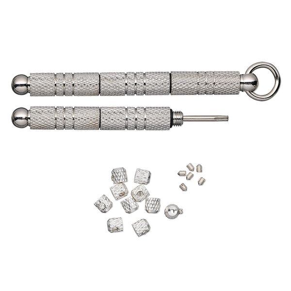 Screwdriver, Screw-Tite Crimps™, silver-plated brass, 59mm with 10 crimps and 6 screws. Sold per set. image number 0