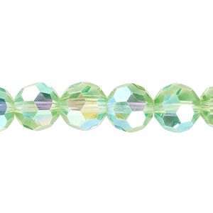Bead 1pk 32 facets translucent lime green AB, Celestial Crystal® 10mm round 15.5-16 inch