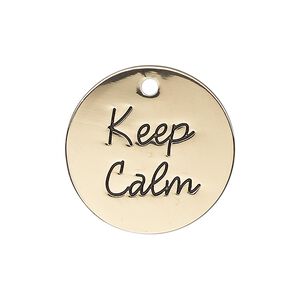 Charm, antique gold-finished "pewter" (zinc-based alloy), 25mm single-sided flat round with "Keep Calm." Sold individually.