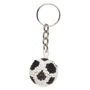 Keychain, glass and steel, white and black, 3-1/4 inches with 26.5mm 3D soccer ball and 22mm split ring. Sold individually.