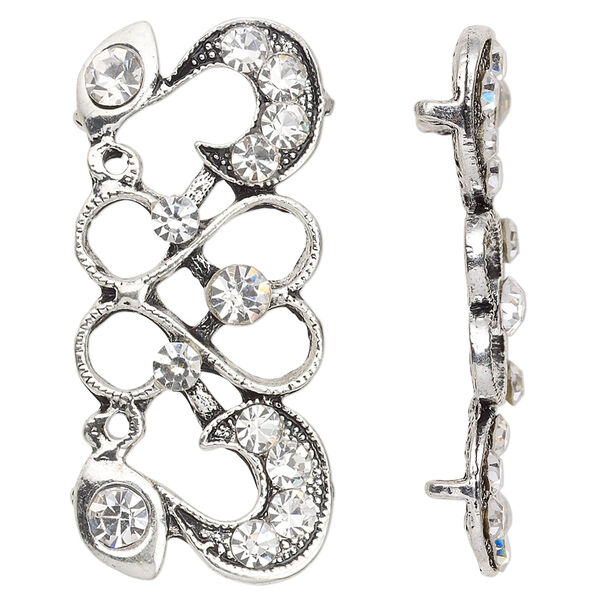 Spacer, antique silver-plated "pewter" (zinc-based alloy) and Czech glass rhinestone, clear, 40x19mm 2-strand fancy rectangle. Sold per pkg of 4. image number 0