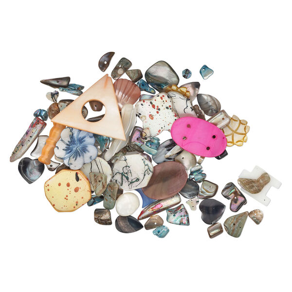 Component mix, mother-of-pearl shell (natural / bleached / dyed / coated), mixed colors, 6x6mm-30x18mm multi-shape, Mohs hardness 3-1/2. Sold per 1/4 pound pkg, approximately 140 pieces. image number 1