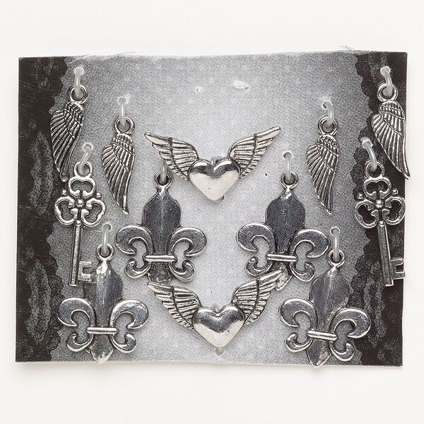 Charm assortment "pewter" zinc-based alloy 12pk 14.5x6.5mm-25x12mm mixed shapes, antique silver finish image number 0