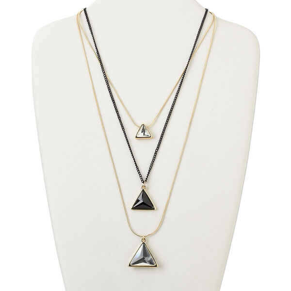 Necklace, 3-strand, gold-finished "pewter" (zinc-based alloy) and brass / steel / glass, black and clear, 17x15mm-28x24mm graduated faceted triangle, 25 inches with 3-inch extender chain and lobster claw clasp. Sold individually. image number 0