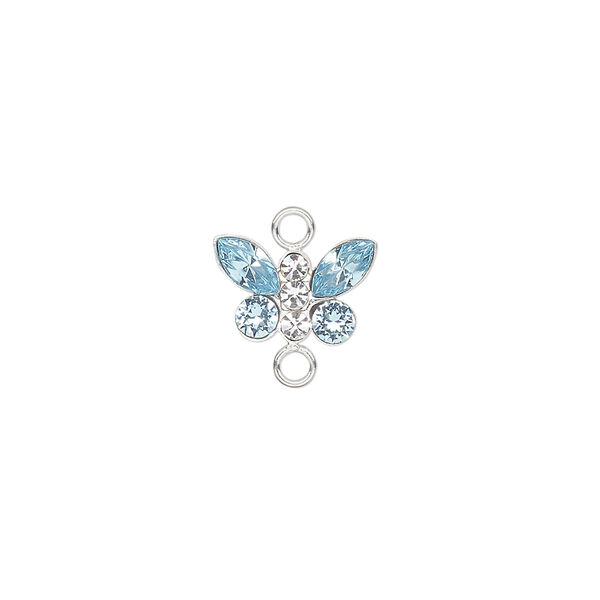 Link, crystals and sterling silver, crystal clear/aquamarine, 12x8mm butterfly. Sold individually. image number 0