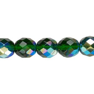 Bead, Czech fire-polished glass, emerald green AB, 10mm faceted round. Sold per 15-1/2" to 16" strand.