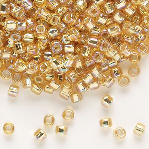Seed bead, Dyna-Mites™, glass, silver-lined translucent rainbow gold, #6 round with square hole. Sold per 40-gram pkg.