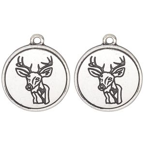 Drop, antique silver-finished "pewter" (zinc alloy) and enamel, black, 21mm single-sided round with deer head design. Sold per pkg of 2.