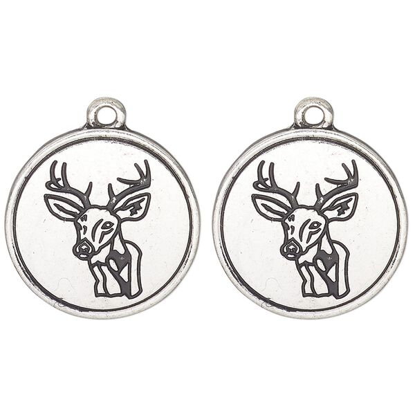 Drop, antique silver-finished "pewter" (zinc alloy) and enamel, black, 21mm single-sided round with deer head design. Sold per pkg of 2. image number 0